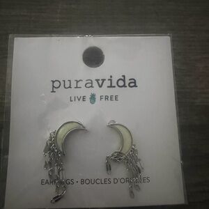 Pura Vida Silver Crescent Moon Dangle Earrings with Cream Inlay